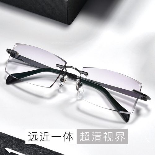 Pure titanium reading glasses, men's near and far dual-purpose, progressive myopia, intelligent auto-focus, anti-blue light, rimless trimmed glasses