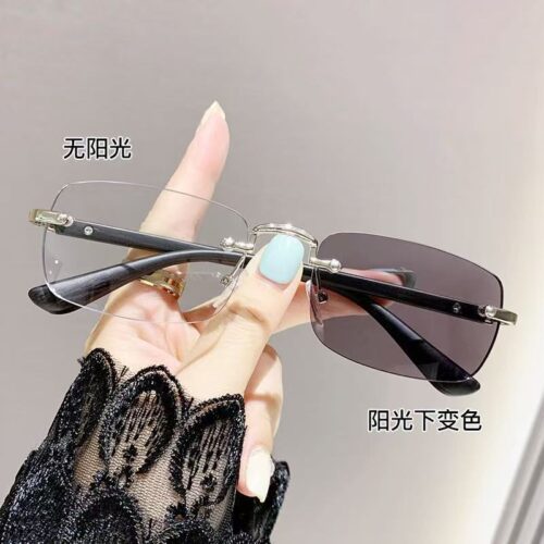 Wood grain photosensitive color-changing blue light blocking business frameless reading glasses, science and engineering popular livestream model unlimited prescription frames